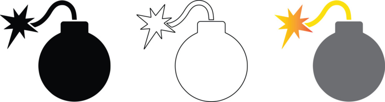 Exploding bomb silhouette and outline set with sparks and smoke vector illustration