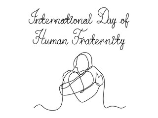 International day of human fraternity. Abstract Two people hug each other, continuous single one line art hand drawing sketch logo on white background