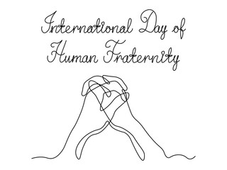 International day of human fraternity. Abstract shaking of two hands, continuous single one line art hand drawing sketch logo on white background
