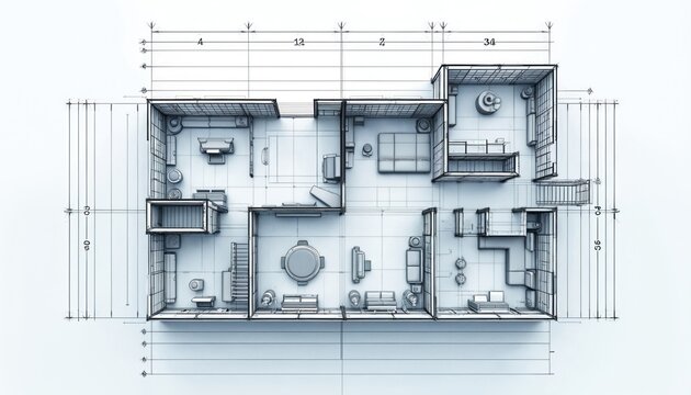 Detailed house blueprint view from above shows floor plan with rooms furniture and measurements. Architectural draft for building construction project planning.