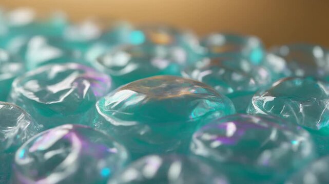 Macro close-up of iridescent bubble wrap roll unraveling, pearlescent teal and lavender fluid motion abstract background