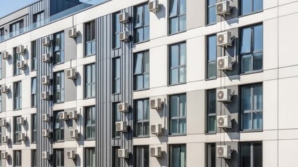 Modern building facade with many exterior air conditioning units and reflective windows