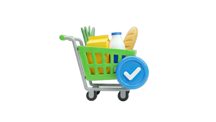 Shopping Cart Filled with Groceries and Checkmark Icon