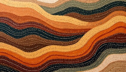 Abstract pattern with wavy lines, dots in earthy tones. Australian indigenous art style evokes natural landscapes, cultural heritage. Warm colors like brown orange beige ochre create textured visual.
