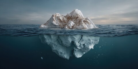 Iceberg floating in calm ocean waters, showcasing stunning reflections beneath the surface, highlighting the contrast between ice and water, evoking a sense of tranquility and nature's beauty