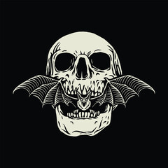 Intricate skull with a bat’s head emerging from its mouth and wings wrapping the jaw, symbolizing terror and fusion of dark forces.