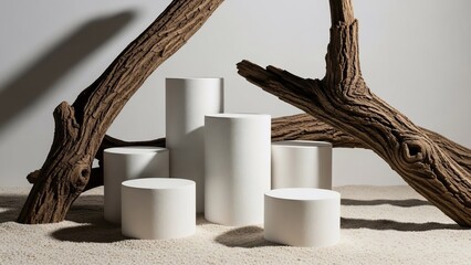 Minimalist Composition of White Cylindrical Pedestals and Organic Driftwood on a Sandy Surface