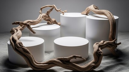 White cylinders with wooden sculpture.