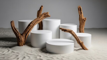 Minimalist Display Pedestals with Natural Driftwood Accents on Sandy Ground