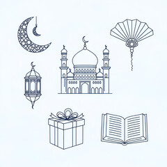 Ramadan decorations, crescent moon mosque lantern gift and open book outline