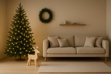 Christmas tree with lights and wooden reindeer in cozy living room