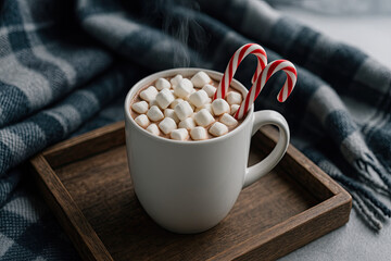 Hot chocolate with marshmallow and candy canes in cozy setting