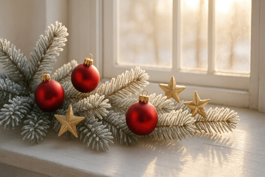 Christmas decoration with red baubles and golden stars frosted pine