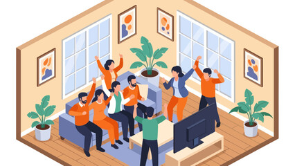 Group of friends joyfully watching television together at home.