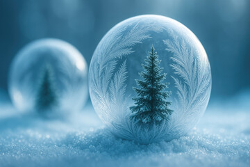 Frozen soap bubble with pine tree inside on snowy surface in winter