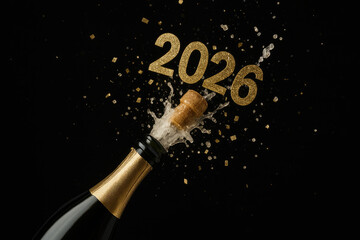 Champagne bottle popping with golden 2026 numbers and splash