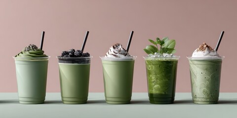 Five vibrant green beverages matcha in clear cups with straws, showcasing various textures and toppings, ideal for refreshing drink concepts