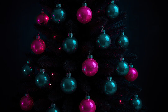 Christmas tree with pink and blue baubles glowing softly in dark
