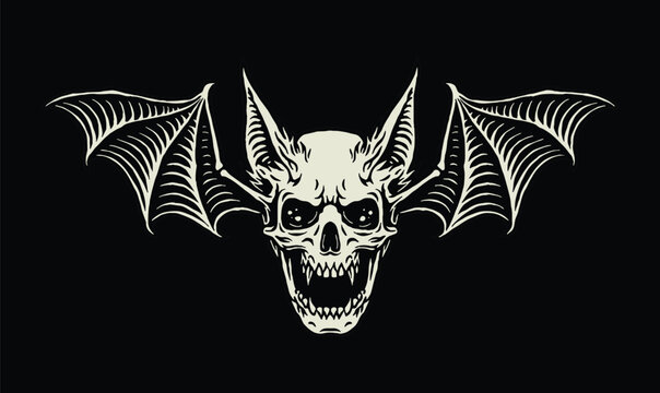 Vintage bat-skull fusion with wide wings, fangs, and hollow eyes, designed for horror fans and gothic-inspired themes.