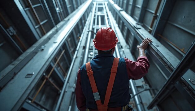 Worker wearing red hard hat and safety harness inside tall building shaft inspects elevator construction. Mechanic checks lift machinery, prepares for vertical transport installation.