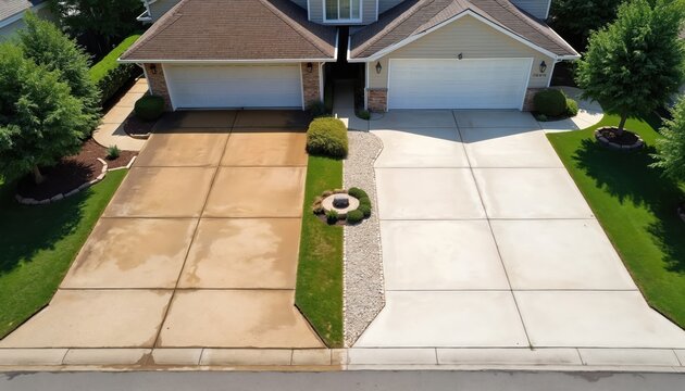 Dirty concrete driveway gets power washed clean. Half of the drive shows dirt stains, other half is bright white after washing. Home exterior improvement.