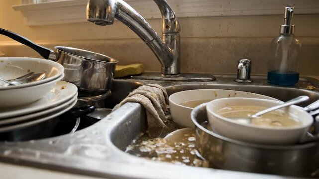 Dishes and utensils piled high in sink with water splashing over edge. Kitchen setting near window captures busy home environment. Concept of home cleaning, dishwashing, appliance care