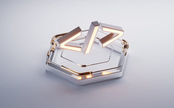 Programming code on futuristic hexagon stage, 3d rendering.