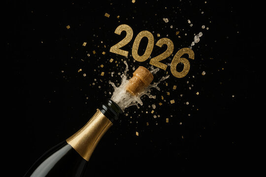 Champagne bottle popping with golden 2026 numbers and splash