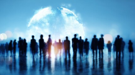 Fototapeta premium People gathered in front of a glowing digital globe in a city at night