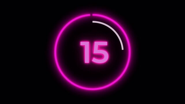 Neon 20 second countdown timer with number 15 highlighted, digital clock animation with glowing pink ring effect on black background, abstract graphic element