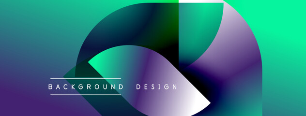 Fototapeta premium Abstract vibrant design features overlapping colorful shapes. Gradient hues blend turquoise, purple, green creating dynamic visual effect. Text reads background design.