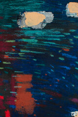 Abstract festive night background with fireworks-like strokes. Dark blue texture with red, gold and green accents. Handmade dry pastel artwork for holiday banners, posters, greeting cards.