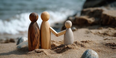Wooden family figures on seashore &mdash; symbol of family, love, and travel together