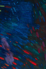 Abstract festive night background with fireworks-like strokes. Dark blue texture with red, gold and green accents. Handmade dry pastel artwork for holiday banners, posters, greeting cards.