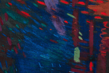 Abstract festive night background with fireworks-like strokes. Dark blue texture with red, gold and green accents. Handmade dry pastel artwork for holiday banners, posters, greeting cards.