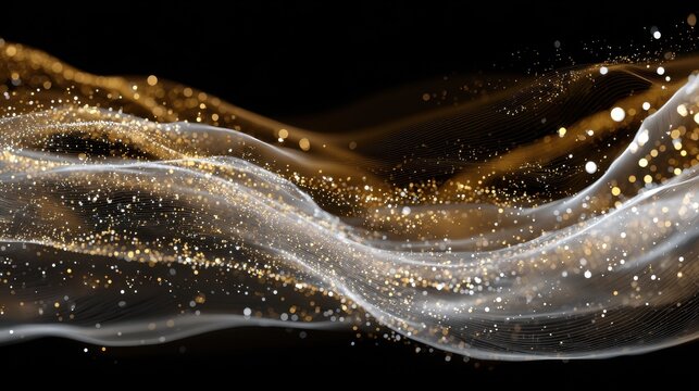 Abstract Wave of Golden and White Glowing Particles on Dark Background