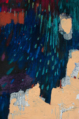 Abstract festive night background with fireworks-like strokes. Dark blue texture with red, gold and green accents. Handmade dry pastel artwork for holiday banners, posters, greeting cards.