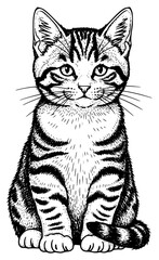 cute kitten sitting and looking up, black and white drawing, black, cat, cute, drawing, kitten, sit, step, striped, against transparent background