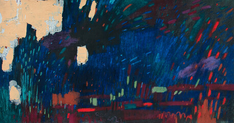 Abstract festive night background with fireworks-like strokes. Dark blue texture with red, gold and green accents. Handmade dry pastel artwork for holiday banners, posters, greeting cards.