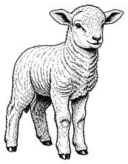 a black and white drawing of a young sheep, black, draw, drawing, illustration, lamb, sheep, stand, young, against transparent background