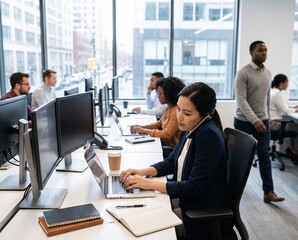 Diverse team working collaboratively in modern office space