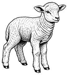 a black and white drawing of a sheep, a lamb standing upright, animal, black, draw, drawing, goat, illustration, lamb, sheep, stand, against transparent background