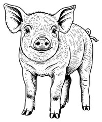 a black and white drawing of a pig in ink, black, boar, drawing, illustration, ink, little, pig, against transparent background