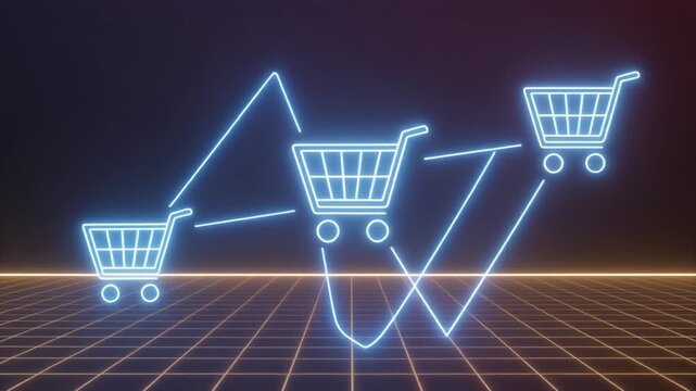 Neon shopping cart icons connected by glowing lines on a digital grid floor, abstract minimalist design