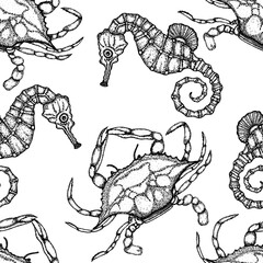 Graphic liner hand drawn Sea Animals Seamless Pattern, Crab, and seahorse repeating pattern, ocean wild life background