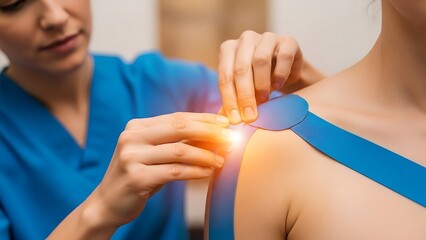 Female therapist applying kinesiology tape to a womans shoulder for pain relief and support.