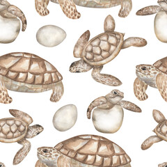 Watercolor hand painted Sea Animals Seamless Pattern, Turtle repeating pattern, ocean wild life background