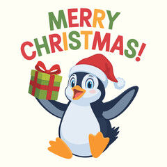 Merry Christmas Design Featuring a Penguin in a Santa Hat with a Gift