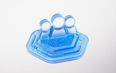 Hexagonal glass stage with support staff icon, 3d rendering.