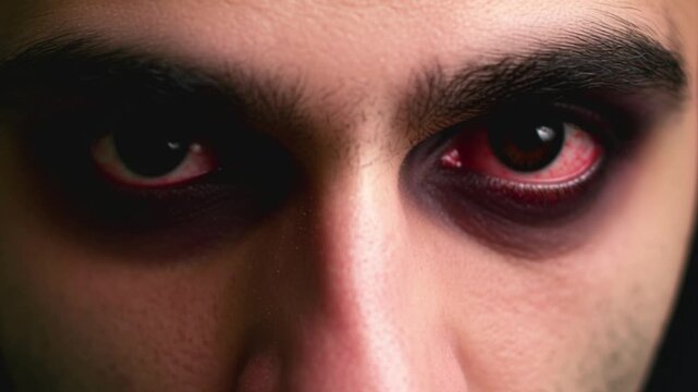 4k Scary menacing gaze man empty black eyes close up view, intense horror expression, dark psychological fear concept, haunting stare, evil presence, suspense thriller emotion, cinematic darkness port